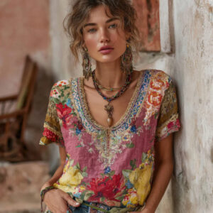 Printed Top Women’s Patchwork Round-neck Pullover Stylish T-shirt