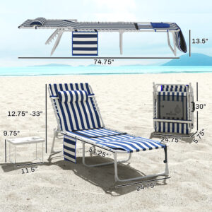 Tanning Chair with Face Hole and Side Table, 5-Position Folding Outdoor Chaise Lounge Chair, Blue and White