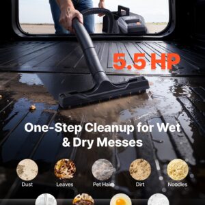 Commercial Shop Vac, 11 Gallon Wet Dry Shop Vacuum, 5.5 Peak HP Portable With One-Button Self-Cleaning, 1350W Input, 1.25in X 7ft Hose, 20ft Cord, Industrial-Grade For Jobsite, Workshop