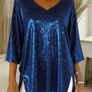Womens Solid-Colored Loose V-Neck Cropped-Sleeve Split Top