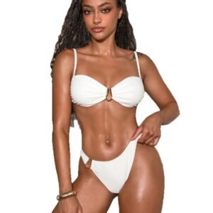 Solid-color Metallic-embellished Two-piece Bikini Set