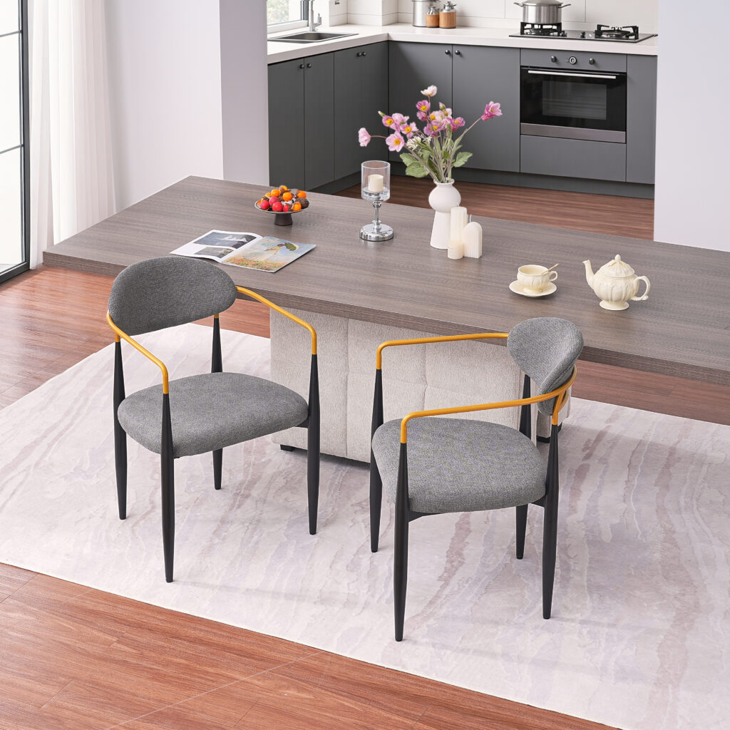 Modern Upholstered Dining Chair With Gold-Accented Armrests - 22W X 21D X 30H, Ergonomic Design For Home Dining Room Or Office Use,Set Of 2 - Grey Fabric Seat & Black Metal Frame