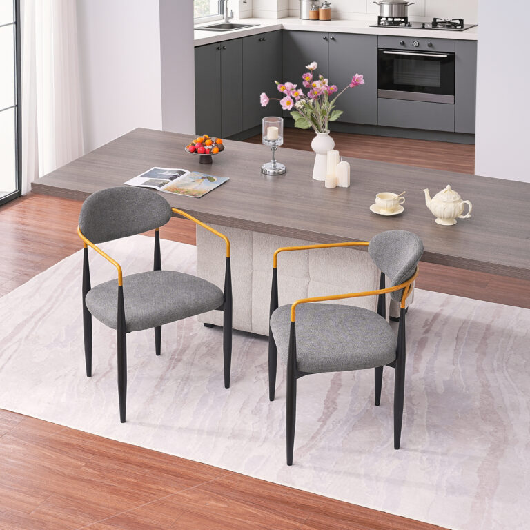 Modern Upholstered Dining Chair With Gold-Accented Armrests – 22W X 21D X 30H, Ergonomic Design For Home Dining Room Or Office Use,Set Of 2 – Grey Fabric Seat & Black Metal Frame