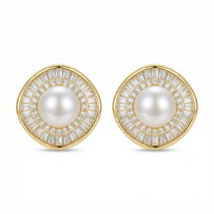 925 Sterling Silver Elegant Pearl Stud Earrings with Baguette and Round Diamond Sunburst Halo