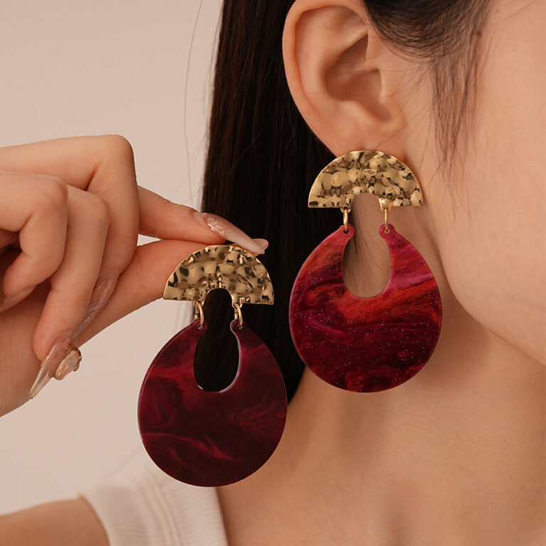 1 Pair Ankara Red U-shaped Earrings For Women, Exaggerated Retro Resin Marbled 925 Silver Needle Luxury Earrings