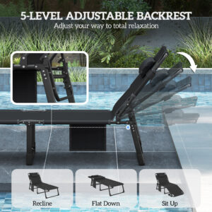 Folding Chaise Lounge Chair Outdoor Tanning Chair Set of 2 with 5-Position Backrest, Cushions, Side Pocket, Gray/Blue
