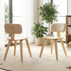 Set Of 2 Dining Chair Set (Beige & Natural), Teddy Velvet Upholstery & Plush Padded Design