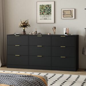 Black 9 Drawer Dresser, 63 Large Deep Chest Of Drawers, Wooden Dresser Storage Cabinet With 9 Drawers For Bedroom, Long Dressers For Living Room, Hallway