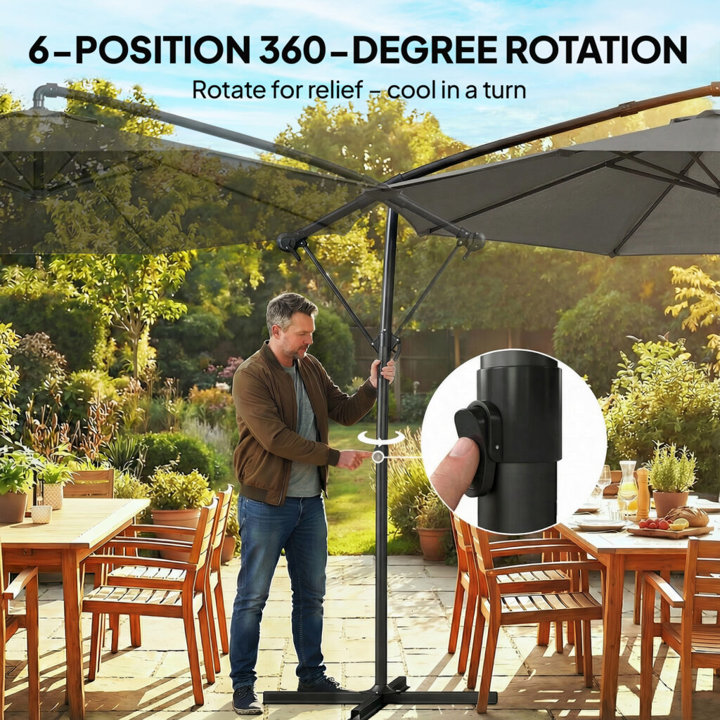 10 ft Offset Patio Umbrella with Cover, Hanging Cantilever Umbrella with 360° Rotation, Crank Handle, Tilt, Tan