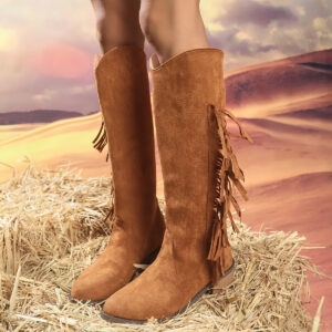 Women’s Pointed-Toe Low-Heel Comfortable All-Match Plus-Size Thigh-High Fringe Boots