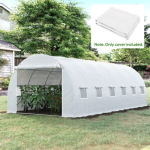 Plastic Greenhouse Cover Replacement, Heavy Duty Waterproof Tarp For Hoop House, Sheeting With 12 Windows, Door & Reinforcement Grid, White
