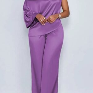 Spot 2026 European And American Cross-border Summer Casual Women's Satin Suit Slanted Collar Short-sleeved Top Trousers Set