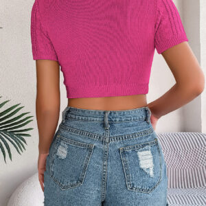 Women Casual Cable Knit Short Sleeve Cropped Vacation Top