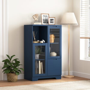MDF Painted Cabinet With Glass Doors And Drawer, Open Storage Space, Navy Blue ,Bedroom, Living Room