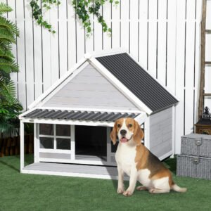 Wooden Dog House with Porch, Dog House Outdoor with Tilt Roof, Front Door, Windows for Medium Large Sized Dog