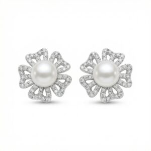 925 Sterling Silver Elegant Pearl and Diamond-Encrusted Floral Openwork Stud Earrings