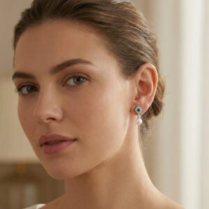 925 Sterling Silver Elegant Pearl Drop Earrings with Cabochon Emeralds and Diamond-Accented Geometric Settings
