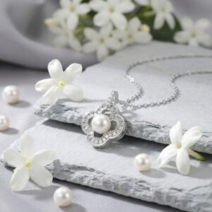 925 Sterling Silver Elegant Quatrefoil Pearl and Baguette Diamond Halo Pendant Necklace