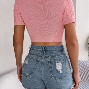 Women Casual Cable Knit Short Sleeve Cropped Vacation Top