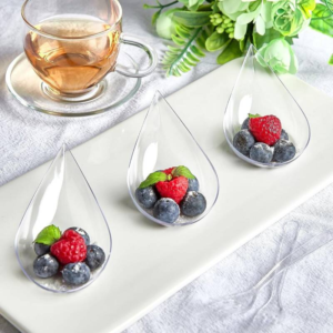 100 Piece Dessert Plate Set With 100 Forks Elegant Tear Drop Shaped Dessert Cups Crystal Clear Plastic Party Plates And Forks Disposable, Ideal For Weddings, Catering, And Party Snacks