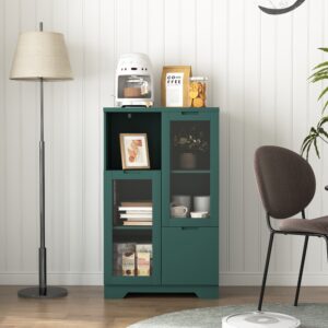 MDF Painted Cabinet With Glass Doors And Drawer, Open Storage Space, Green ,Bedroom, Living Room