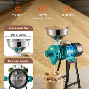 Electric Grain Mill Grinder, 110 Lbs/H Commercial Spice Grinders, 1500W Cast Iron Pulverizer Powder Machine With Non-Slip Rubber Feet, For Dry Grains, Spices, Cereals, Coffee, Corn & Pepper