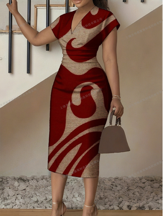 New Floral V-Neck Sheath Short-Sleeve Dress For Women - Image 5