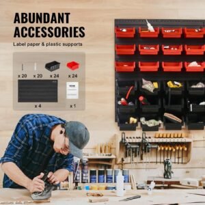 Tacking Boxes, 48 Container Divider Shelf Organizer For Garage, Plastic Loading Tool With Wall Panels, Tool Organizer For Nuts, Bolts, Screws, Nails, Beads, Buttons, Black And Red