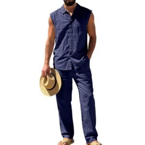 Mens Loose Linen Casual Sleeveless Shirt And Straight-Leg Pants Set