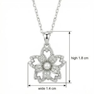 925 Sterling Silver Elegant Silver Cherry Blossom Flower Pendant Necklace with Center Pearl