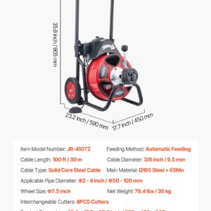Drain Cleaner Machine 100 FT X 3/8 Inch, Auto Feed Sewer Snake Auger On Wheels, Portable Drain Cleaning Machine With 4 Cutters & Air-activated Foot Switch For 2" To 4" Pipes