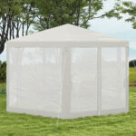 13' x 11' Outdoor Party Tent, Hexagon Sun Shade Shelter Canopy w/ Protective Mesh Sidewalls, Ropes & Stakes, Cream