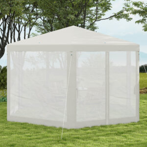 13' x 11' Outdoor Party Tent, Hexagon Sun Shade Shelter Canopy w/ Protective Mesh Sidewalls, Ropes & Stakes, Cream