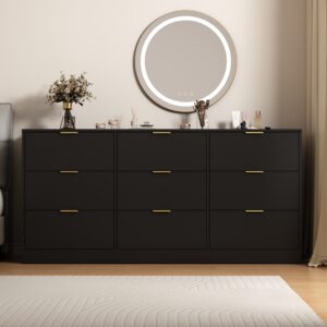 Black 9 Drawer Dresser, 63 Large Deep Chest Of Drawers, Wooden Dresser Storage Cabinet With 9 Drawers For Bedroom, Long Dressers For Living Room, Hallway