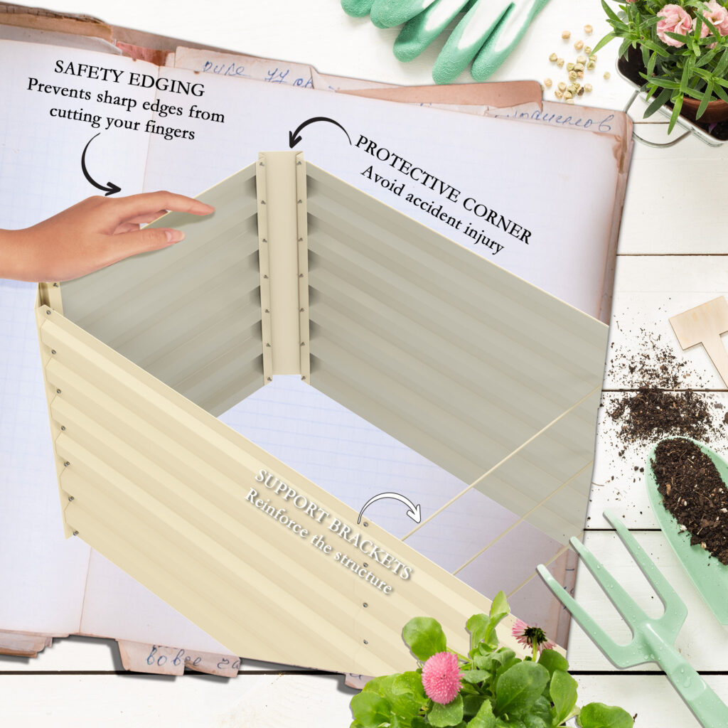 8x2x2ft Galvanized Raised Garden Bed Kit with Safety Edging for Flowers, Herbs and Vegetables, Cream White