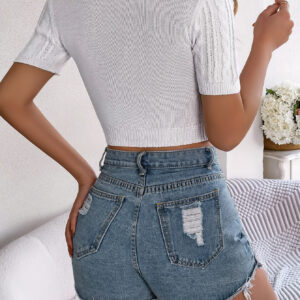 Women Casual Cable Knit Short Sleeve Cropped Vacation Top