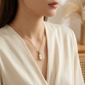 925 Sterling Silver Elegant White Jade Gourd Pendant Necklace with Sparkling Halo and Floral Bail