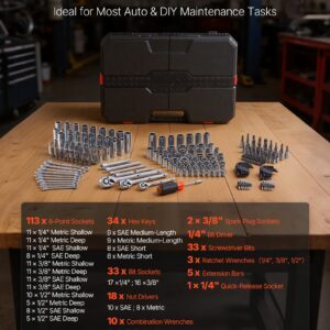 Mechanics Tool Set, 253-Piece Mechanic Tool Kit, 1/4 In, 3/8 In, And 1/2 In Drive, SAE And Metric Socket Set, Wrenches, Screwdriver Bits, Accessories, And Storage Case, For Automotive Repair