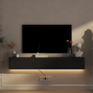 Floating TV Stand, Wall Mounted TV Shelf With Led Lights & Power Outlet,High Gloss TV Cabinet For Black Tv Stands For Living Room