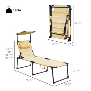 Outdoor Lounge Chair, 4 Position Adjustable Backrest, Folding, Cushioned w/ Sun Shade Roof & Pillow, Cream White