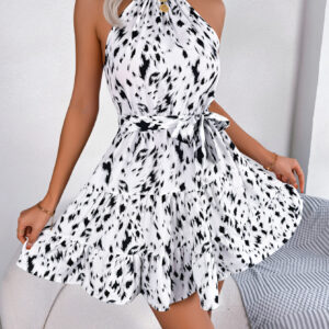 Women's Casual Leopard Print Ruffle Hem Flowy Halter Dress