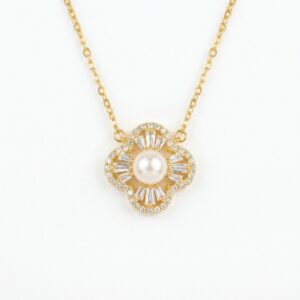 925 Sterling Silver Elegant Pearl Quatrefoil Pendant Necklace with Radiant Baguette and Round Accents