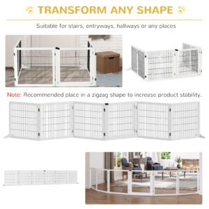 Wooden Pet Gate, 6-Panel Folding Dog Safety Barrier with Support Feet for Small & Medium Dogs, White