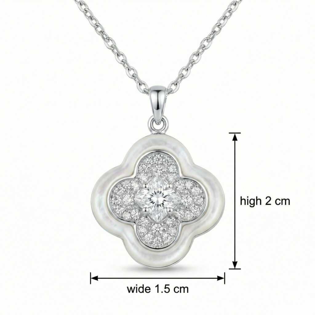 925 Sterling Silver Sparkling Diamond and White Mother of Pearl Four-Leaf Clover Pendant Necklace