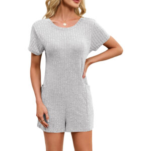 V-neck Loose-fit Pocketed Short-sleeve Jumpsuit Beach Pants Womens