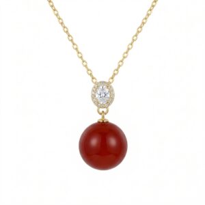 925 Sterling Silver Radiant Red Gemstone Sphere Necklace with Oval Diamond Halo Detail