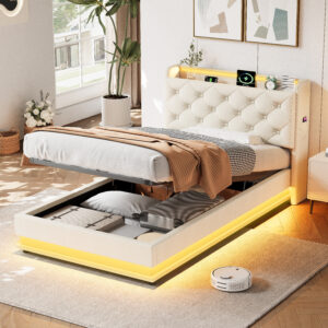 3ft Single Upholstered Bed Frame With Hydraulic Storage, LED Button Tufted Headboard With Charging Station And Concealed Headboard Storage, USB And Type-C Ports, Linen, Beige No Mattress