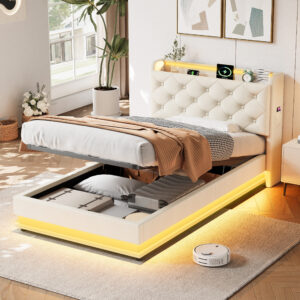 3ft Single Upholstered Bed Frame With Hydraulic Storage, LED Button Tufted Headboard With Charging Station And Concealed Headboard Storage, USB And Type-C Ports, Linen, Beige No Mattress