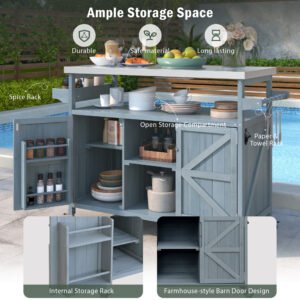 K&K Outdoor Kitchen Island, Rolling Bar Cart & Storage Cabinet, Farmhouse Solid Wood Outdoor Grill Table With Stainless Steel Top, Spice Rack , Towel Rack For Kitchen & BBQ , Grey Blue