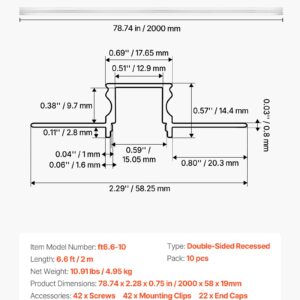 Plaster-in LED Aluminum Channel, 10-Pack 6.6 Ft/2M, Trimless Recessed Drywall LED Strip Diffuser Channel, With Milky Cover, End Caps And Mounting Clips, Aluminum Profile, For Wall And Ceiling